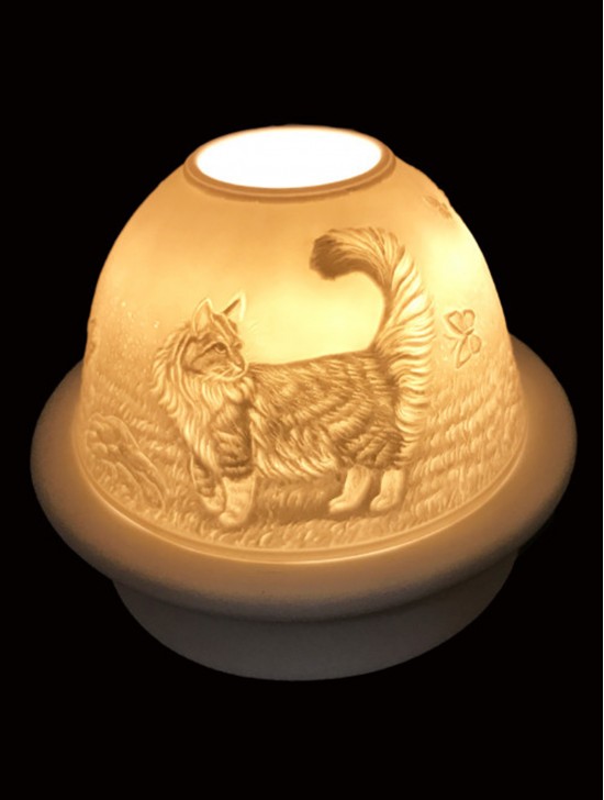 Porcelain Cat Candle Dome Light w/Candle Plate